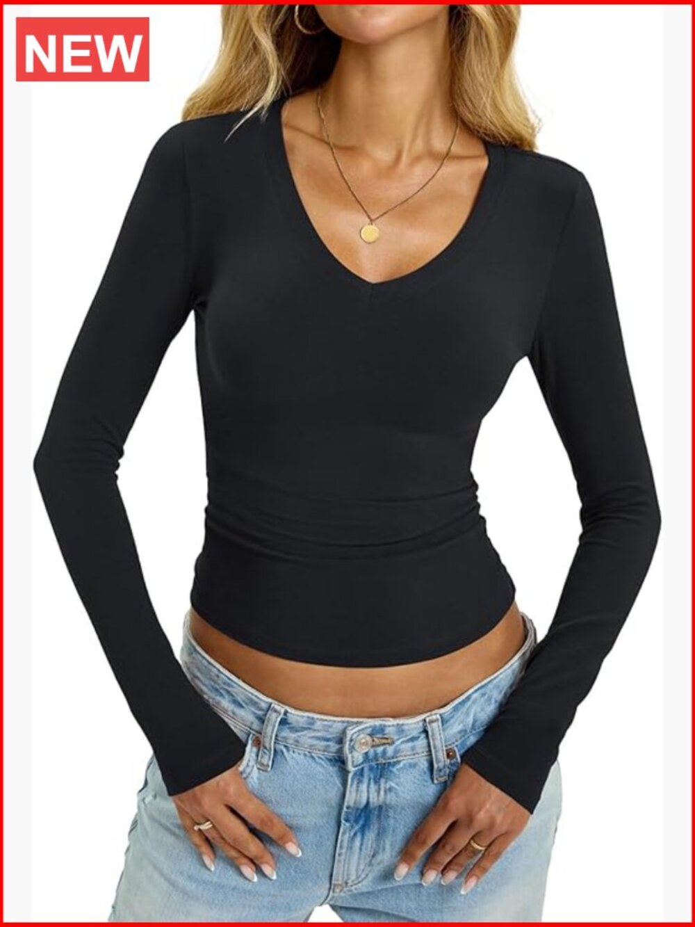 Cotton Jersey Long Sleeve V-Neck Fitted T-Shirt Basic Tee